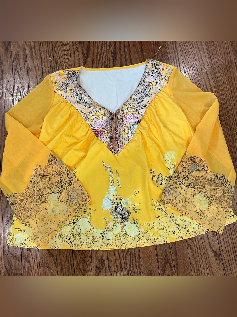 Yellow Floral V-Neck Peasant Top